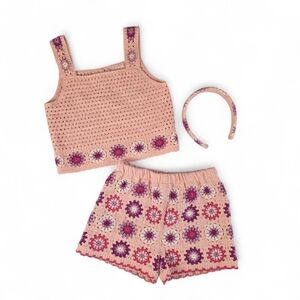 Crochet Granny Square Tank Shorts Set w/ Headband Boho Pink Purple Girls Size 8